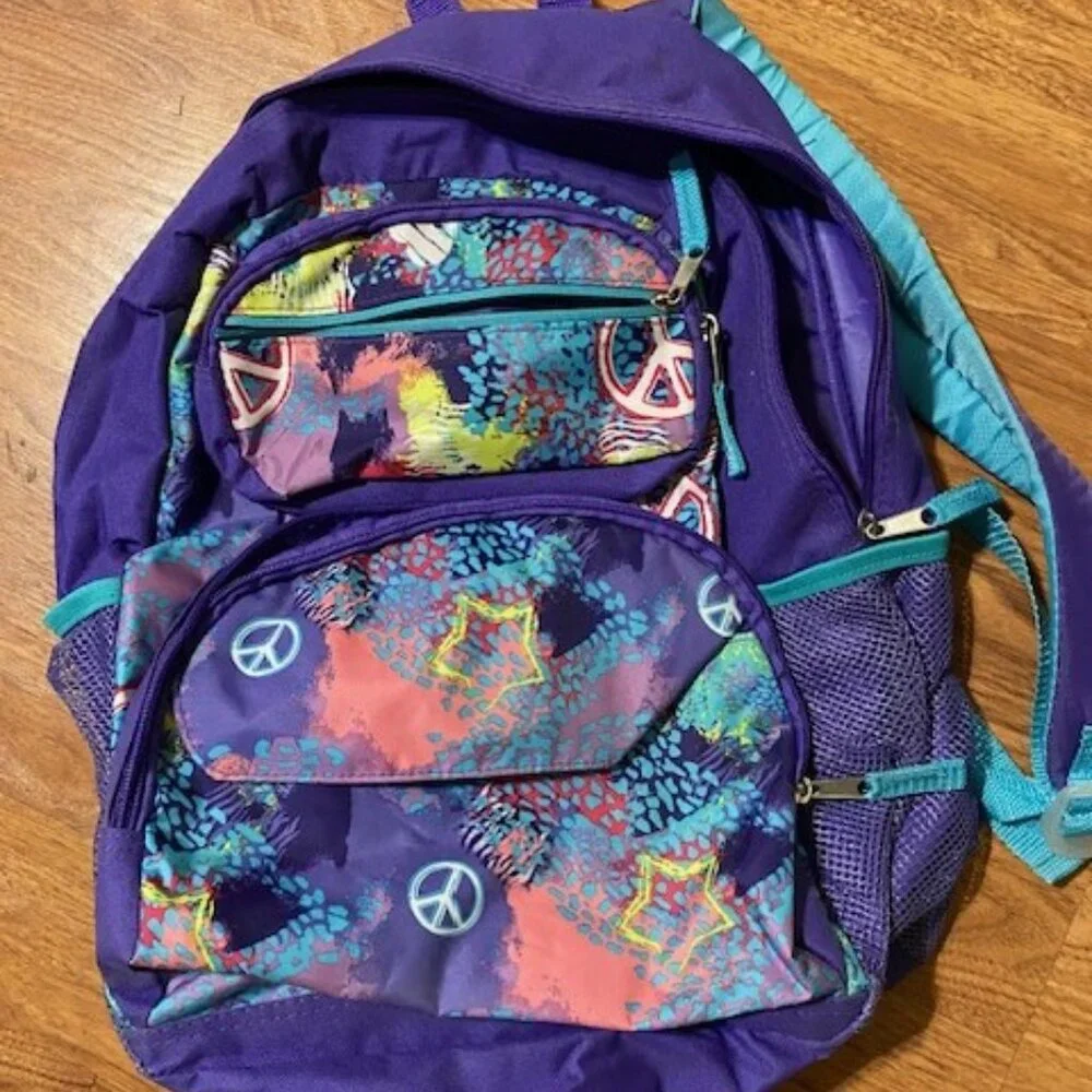 Purple Grafitti Peace Backpack Organizational Bookbag - Picture 1 of 6